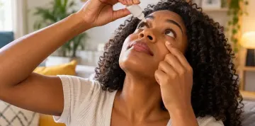 Mulher cacheada aplicando um colírio para olhos vermelhos para diminuir o incômodo.