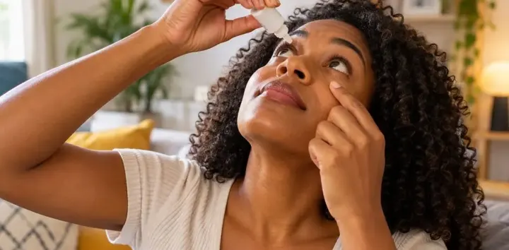 Mulher cacheada aplicando um colírio para olhos vermelhos para diminuir o incômodo.